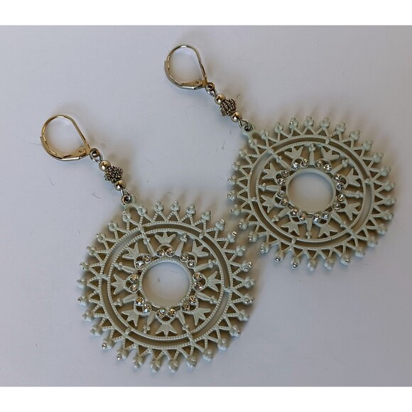 Handmade Enameled Goldtone Crystal Filagree Sunburst Statement Earrings 3 in - Picture 7 of 11